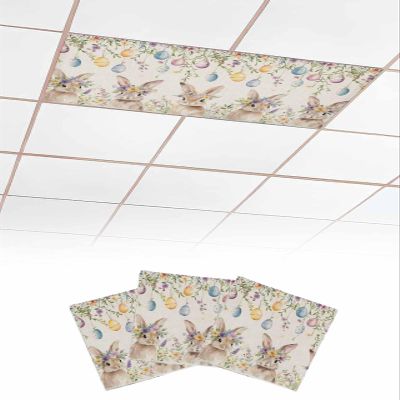 EwdeWwo Easter 3 Pcs Fluorescent Light Covers for Ceiling Lights, Bunny Wildflowers Colorful Eggs Linen Texture Magnetic Light Filters for Eliminate Harsh Glare Classroom Office Decoration, 4 x 2 Ft