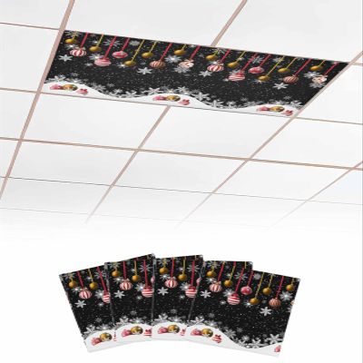 EwdeWwo Christmas 4 Pcs Fluorescent Light Covers for Ceiling Lights, Xmas Ornament Ball Snowflake Black Magnetic Light Filters for Eliminate Harsh Glare Classroom Office Decoration, 4 x 2 Ft
