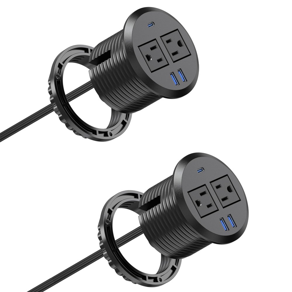 3 inch Desktop Power Grommet USB C,20W Fast Charging Station,Furniture Recessed Power Strip,2 Outlets,3 USB Ports,Flush-Mount for Desktop, Workspace Essential Desk Outlet,2 Pack (Black)