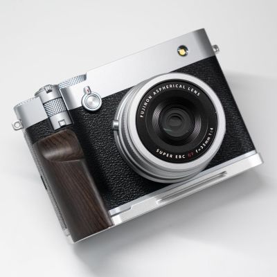 Handmade Wood Hand Grip L Plate Alloy Base for Fu ji Film GFX100RF Camera Holder (Ebony + Silver Base)