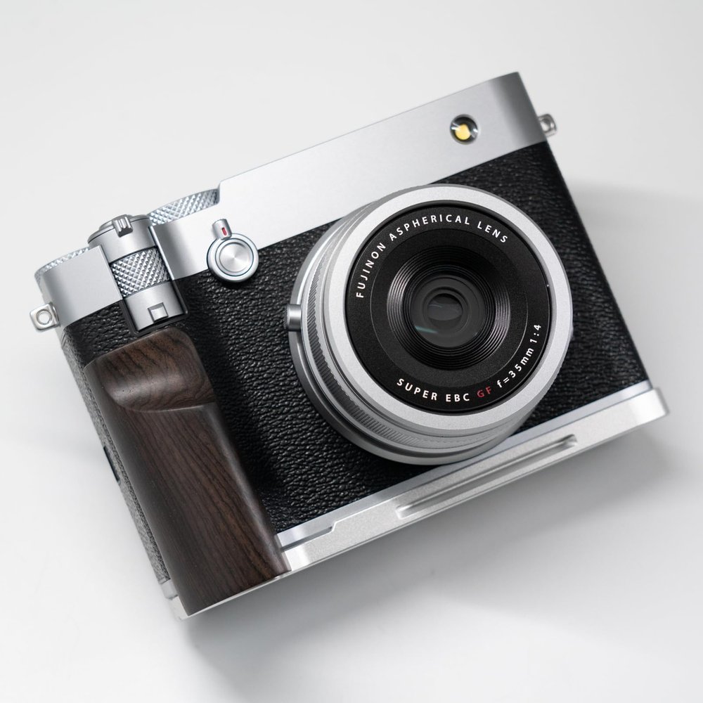 Handmade Wood Hand Grip L Plate Alloy Base for Fu ji Film GFX100RF Camera Holder (Ebony + Silver Base)