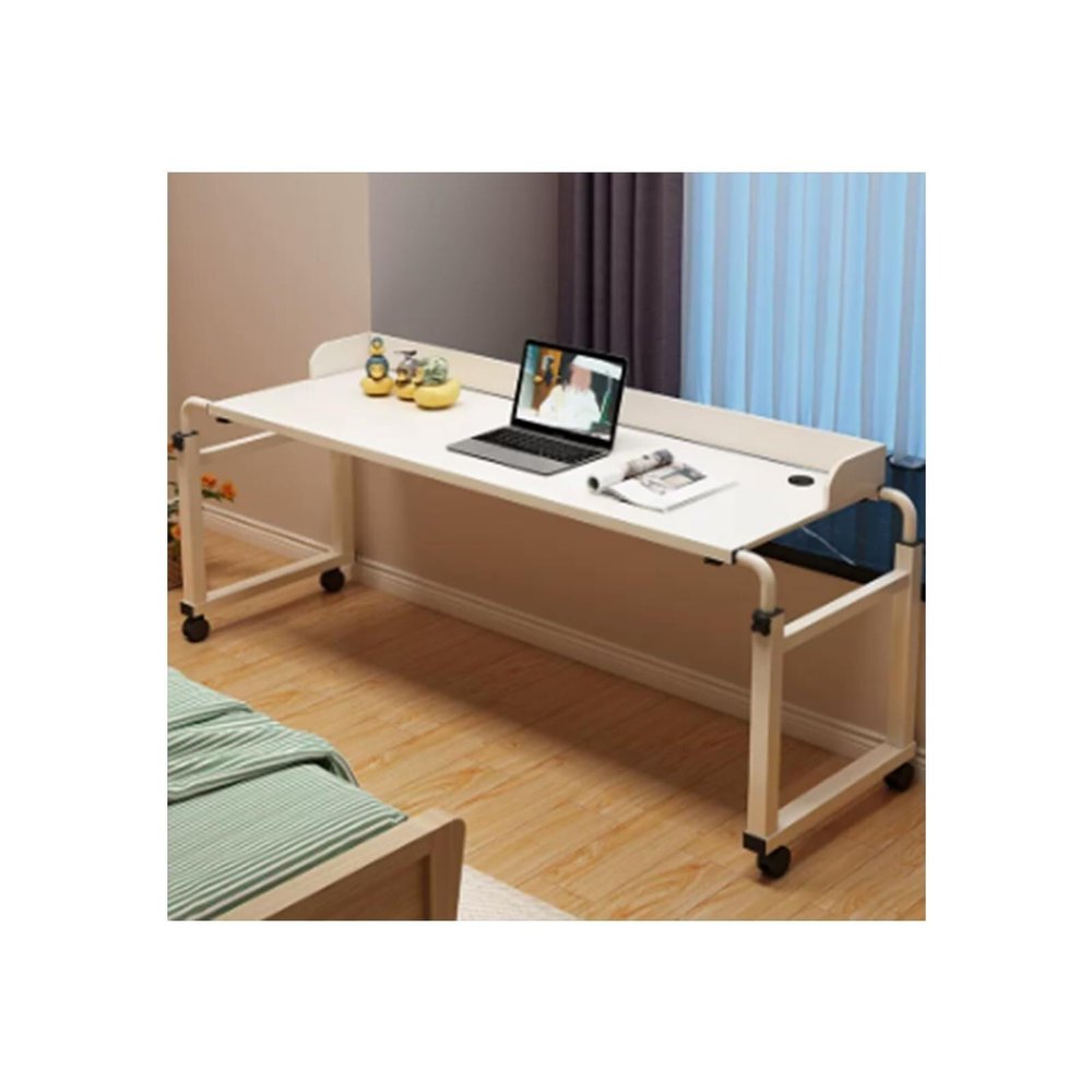 Adjustable Overbed Desk with Wheels, Rolling Laptop Table for Bed, Height-Adjustable Over Bed Table for Work & Breakfast, Fits Full & Queen Size Beds(White)