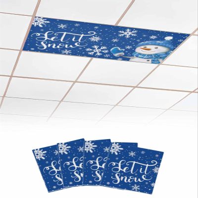 EwdeWwo Christmas 4 Pcs Fluorescent Light Covers for Ceiling Lights, Cute Snowman Winter Snowflake Blue Magnetic Light Filters for Eliminate Harsh Glare Classroom Office Decoration, 4 x 2 Ft