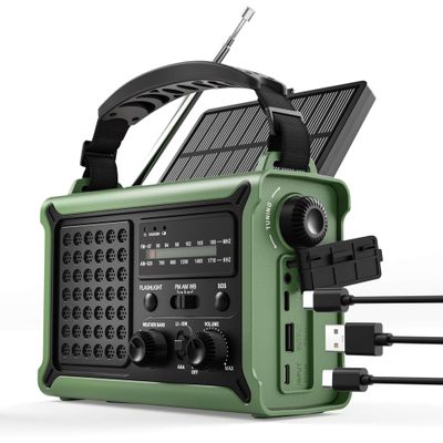 Emergency Weather Radio for Power Outages & Hurricanes, 12000mAh Hand Crank Solar Radio with 8500mm Solar Panel, NOAA AM/FM Alerts, 5W Flashlight & SOS, Army Green for Camping, RV, Hiking & Survival