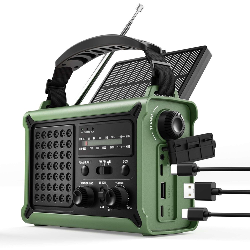 Emergency Weather Radio for Power Outages & Hurricanes, 12000mAh Hand Crank Solar Radio with 8500mm Solar Panel, NOAA AM/FM Alerts, 5W Flashlight & SOS, Army Green for Camping, RV, Hiking & Survival