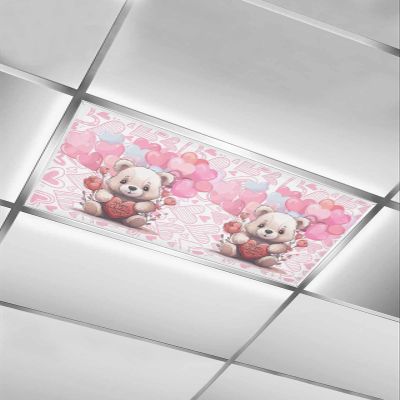 EwdeWwo Valentine's Day 1 Pcs Fluorescent Light Covers for Ceiling Lights, Pink Love Heart Balloons Cute Bear Magnetic Light Filters for Eliminate Harsh Glare Classroom Office Decoration, 4 x 2 Ft
