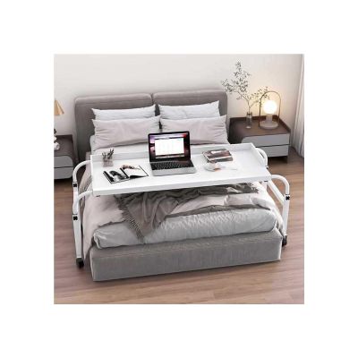 Overbed Table with Wheels, Adjustable Rolling Laptop Stand, Height & Angle Adjustable Desktop, Mobile Bed Desk for King & Queen Beds(White)