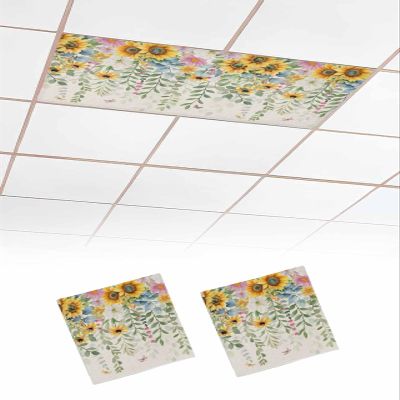 EwdeWwo Sunflower 2 Pcs Fluorescent Light Covers for Ceiling Lights, Plants Eucalyptus Leaf Flowers Magnetic Light Filters for Eliminate Harsh Glare Classroom Office Decoration, 4 x 2 Ft