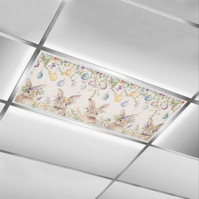EwdeWwo Easter 1 Pcs Fluorescent Light Covers for Ceiling Lights, Bunny Wildflowers Colorful Eggs Linen Texture Magnetic Light Filters for Eliminate Harsh Glare Classroom Office Decoration, 4 x 2 Ft