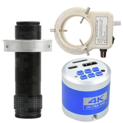4K 1080P HDMI Type-c PC Industrial Video Microscope Camera TF Card Storage Video Recorder & 120X C-Mount Lens with 56-LED Adjustable Ring Light for Phone Repair