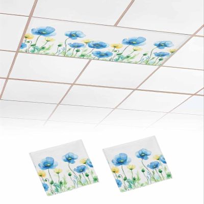 EwdeWwo Spring Floral 2 Pcs Fluorescent Light Covers for Ceiling Lights, Blue Yellow Poppy Flower Magnetic Light Filters for Eliminate Harsh Glare Classroom Office Decoration, 4 x 2 Ft
