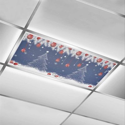 EwdeWwo Christmas 1 Pcs Fluorescent Light Covers for Ceiling Lights, Xmas Tree Pine Needle Red Ball Snowflake Magnetic Light Filters for Eliminate Harsh Glare Classroom Office Decoration, 4 x 2 Ft