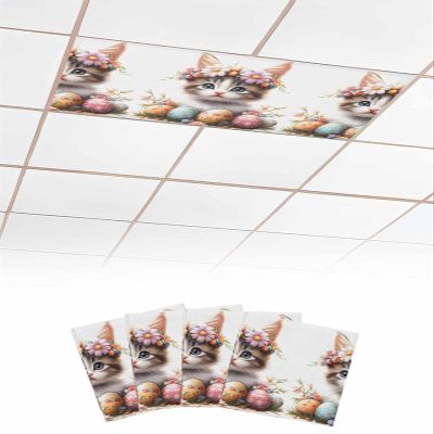 Easter Egg 4 Pcs Fluorescent Light Covers for Ceiling Lights, Cute Kitten Easter Egg Flower Magnetic Light Filters for Eliminate Harsh Glare Classroom Office Decoration, 4 x 2 Ft