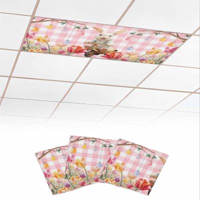 Easter 3 Pcs Fluorescent Light Covers for Ceiling Lights, Cute Rabbit Colorful Eggs on Branches Buffalo Plaid Magnetic Light Filters for Eliminate Harsh Glare Classroom Office Decoration, 4 x 2 Ft