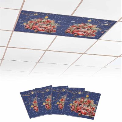 Christmas 4 Pcs Fluorescent Light Covers for Ceiling Lights, Xmas Ball Red Truck Snowflake Watercolor Blue Magnetic Light Filters for Eliminate Harsh Glare Classroom Office Decoration, 4 x 2 Ft