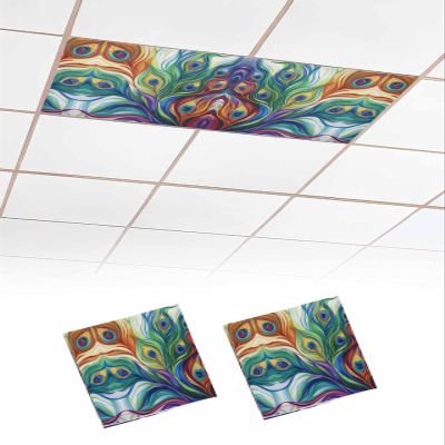 Abstract 2 Pcs Fluorescent Light Covers for Ceiling Lights, Oil Painting Style Peacock Feathers Magnetic Light Filters for Eliminate Harsh Glare Classroom Office Decoration, 4 x 2 Ft