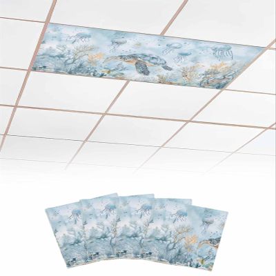 EwdeWwo Sea Turtle 4 Pcs Fluorescent Light Covers for Ceiling Lights, Summer Ocean Jellyfish Coral Magnetic Light Filters for Eliminate Harsh Glare Classroom Office Decoration, 4 x 2 Ft
