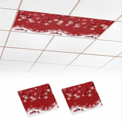 EwdeWwo Christmas 2 Pcs Fluorescent Light Covers for Ceiling Lights, Xmas Ornament Ball Snowflake Denium Red Magnetic Light Filters for Eliminate Harsh Glare Classroom Office Decoration, 4 x 2 Ft