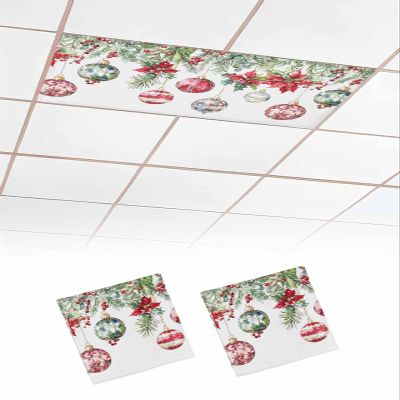 EwdeWwo Christmas 2 Pcs Fluorescent Light Covers for Ceiling Lights, Xmas Balls Poinsettia Red Berry Magnetic Light Filters for Eliminate Harsh Glare Classroom Office Decoration, 4 x 2 Ft