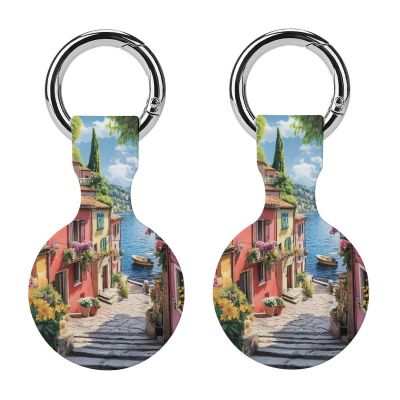 Coastal City Seaside Town Tracker Holder Cover Shockproof Protective Case with Keychain Compatible with Air Tag 2PCS