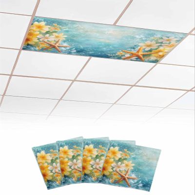 EwdeWwo Summer 4 Pcs Fluorescent Light Covers for Ceiling Lights, Ocean Starfish Flowers Magnetic Light Filters for Eliminate Harsh Glare Classroom Office Decoration, 4 x 2 Ft