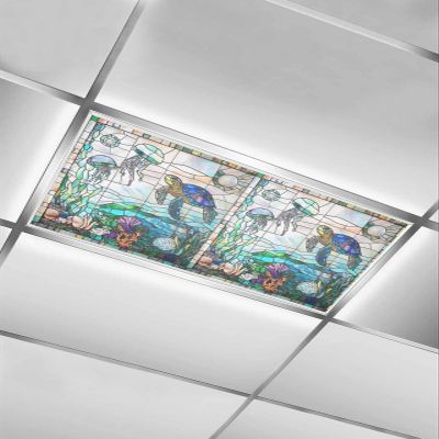 EwdeWwo Ocean 1 Pcs Fluorescent Light Covers for Ceiling Lights, Underwater World Turtle Coral Magnetic Light Filters for Eliminate Harsh Glare Classroom Office Decoration, 4 x 2 Ft