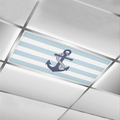 EwdeWwo Nautical 1 Pcs Fluorescent Light Covers for Ceiling Lights, Vintage Anchor Light Blue Striped Magnetic Light Filters for Eliminate Harsh Glare Classroom Office Decoration, 4 x 2 Ft