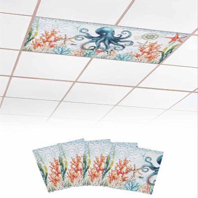 EwdeWwo Ocean 4 Pcs Fluorescent Light Covers for Ceiling Lights, Octopus Marine Coral Seagrass Starfish Magnetic Light Filters for Eliminate Harsh Glare Classroom Office Decoration, 4 x 2 Ft