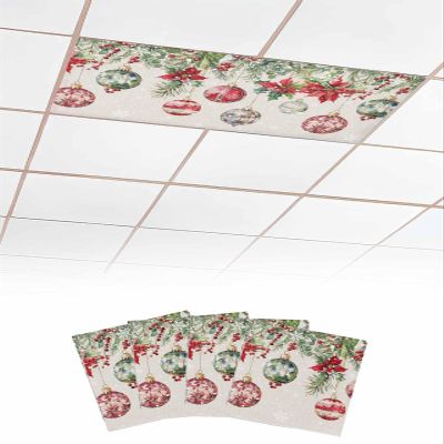 Christmas 4 Pcs Fluorescent Light Covers for Ceiling Lights, Xmas Balls Poinsettia Snowflake Linen Texture Magnetic Light Filters for Eliminate Harsh Glare Classroom Office Decoration, 4 x 2 Ft