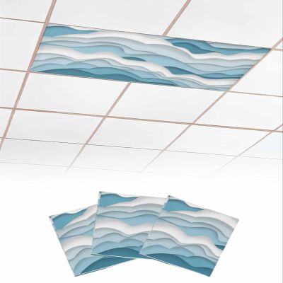 Abstract 3 Pcs Fluorescent Light Covers for Ceiling Lights, Modern Geometric Ombre Blue White Ocean Wave Stripe Magnetic Light Filters for Eliminate Harsh Glare Classroom Office Decoration, 4 x 2 Ft