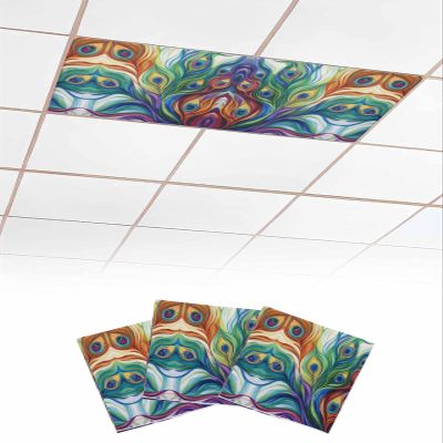 Abstract 3 Pcs Fluorescent Light Covers for Ceiling Lights, Oil Painting Style Peacock Feathers Magnetic Light Filters for Eliminate Harsh Glare Classroom Office Decoration, 4 x 2 Ft