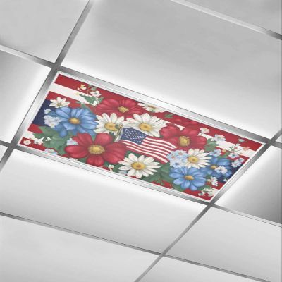 EwdeWwo 4th of July 1 Pcs Fluorescent Light Covers for Ceiling Lights, Patriotic Star Flower Magnetic Light Filters for Eliminate Harsh Glare Classroom Office Decoration, 4 x 2 Ft