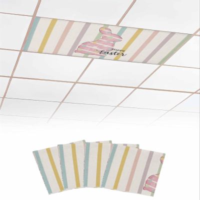 EwdeWwo Happy Easter 4 Pcs Fluorescent Light Covers for Ceiling Lights, Pink Rabbit Colorful Striped Magnetic Light Filters for Eliminate Harsh Glare Classroom Office Decoration, 4 x 2 Ft