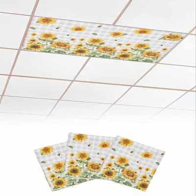EwdeWwo Sunflower 3 Pcs Fluorescent Light Covers for Ceiling Lights, Country Gray Buffalo Plaid Magnetic Light Filters for Eliminate Harsh Glare Classroom Office Decoration, 4 x 2 Ft
