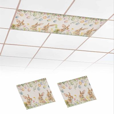 Easter Egg 2 Pcs Fluorescent Light Covers for Ceiling Lights, Flower and Leaves Rabbit Linen Texture Magnetic Light Filters for Eliminate Harsh Glare Classroom Office Decoration, 4 x 2 Ft
