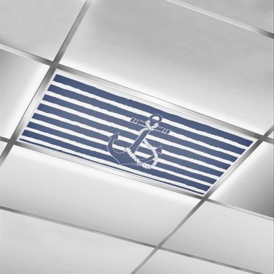 EwdeWwo Nautical 1 Pcs Fluorescent Light Covers for Ceiling Lights, Vintage Anchor Navy Blue Striped Magnetic Light Filters for Eliminate Harsh Glare Classroom Office Decoration, 4 x 2 Ft