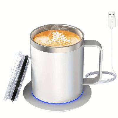 Self Heating Coffee Mug Warmer, 12oz Smart Mug Automatic Shut Off, USB Rechargeable Heated Coffee Mug with Lid for Travel/Office/Home