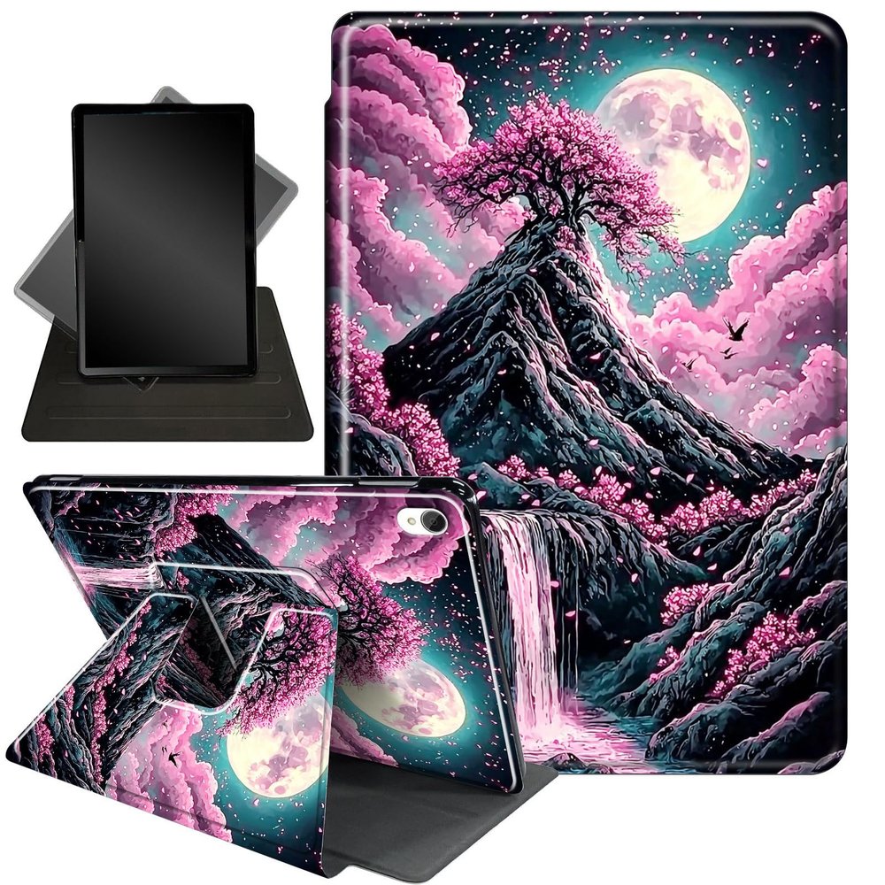 Case for Lenovo Tab P11 Plus 2021 / Tab P11 2020 11-inch,360 Degree Rotating Stand Smart Protective Case for Lenovo Tablet (TB-J616F / J616X / J606F / J606X),Pink Cherry Blossom Moon