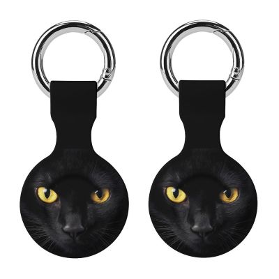 Black Cat Yellow Eyes Tracker Holder Cover Shockproof Protective Case with Keychain Compatible with Air Tag 2PCS