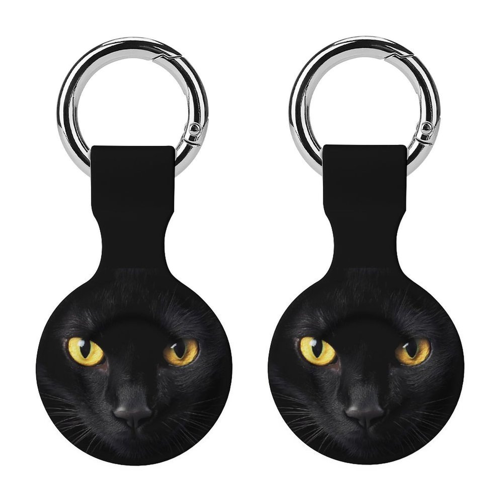 Black Cat Yellow Eyes Tracker Holder Cover Shockproof Protective Case with Keychain Compatible with Air Tag 2PCS