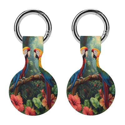 Colorful Parrot Standing on Branch Tracker Holder Cover Shockproof Protective Case with Keychain Compatible with Air Tag 2PCS
