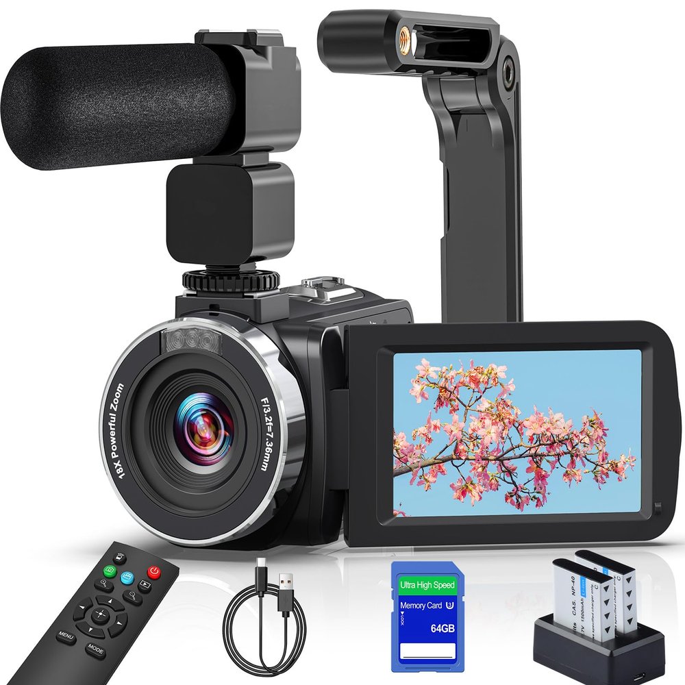 8K Video Camera 64MP Camcorder YouTube Vlogging Cameras 18X Digital Zoom Webcam IR Night Vision WiFi 3.0Touch Screen Camcorders with Stabilizer, Mic, 64G SD Card, Remote Control and 2 Batteries