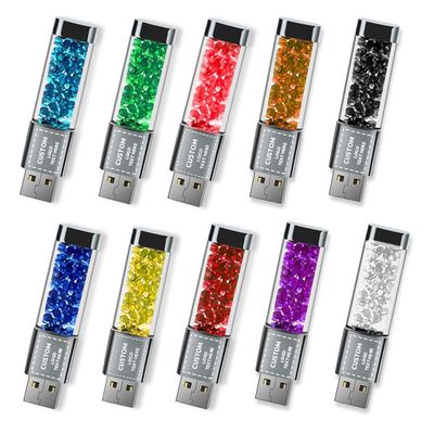 100-Pack Custom Logo USB Flash Drives - Crystal USB 2.0 Memory Sticks 128MB-128GB, Waterproof Bulk Promotional Gifts with LED Light for Businesses & Events (32G,Without Box)