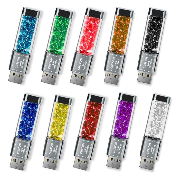 100-Pack Custom Logo USB Flash Drives - Crystal USB 2.0 Memory Sticks 128MB-128GB, Waterproof Bulk Promotional Gifts with LED Light for Businesses & Events (32G,Without Box)