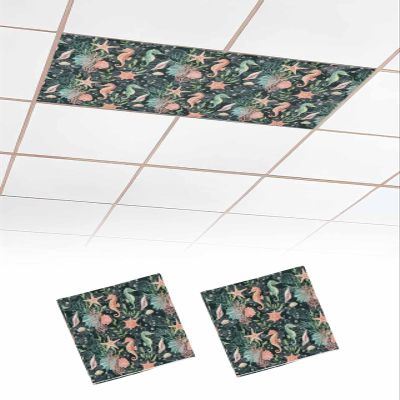 TvonTa Tey Fluorescent Light Covers for Drop Ceiling Summer Seahorse Seagrass Shell Magnetic Light Filters, Abstract Marine Life Ceiling Shade Filters for Home Classroom Office,2x4 ft,2Packs