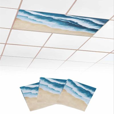 TvonTa Tey Fluorescent Light Covers for Drop Ceiling Summer Blue Sea Waves Magnetic Light Filters, Classic Watercolor Beach Scenery Ceiling Shade Filters for Home Classroom Office,2x4 ft,3Packs