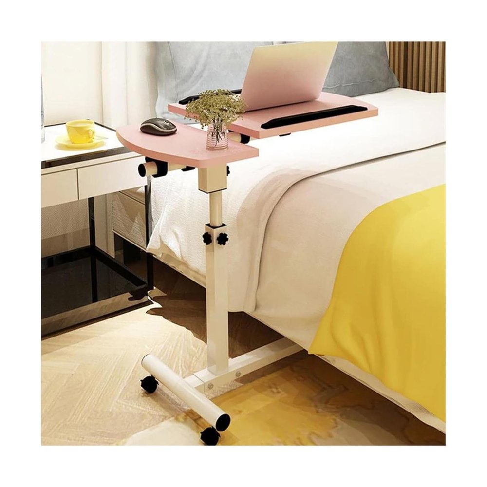 Adjustable Overbed Table with Lifting Steel Frame, Rolling Mobile Laptop Desk, Folding Bedside Table with Lockable Wheels, Height Adjustable 66.5-96.5cm(64 * 40 * 66.5 96.5cm)