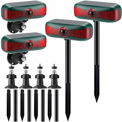 Qualirey 4 Pcs Solar Outdoor Alarm Motion Sensor 129dB Security Siren Ultrasonic Detector Strobe Light, 4 Modes Animal Deterrent Waterproof Alarm for Home, Farm (Red)