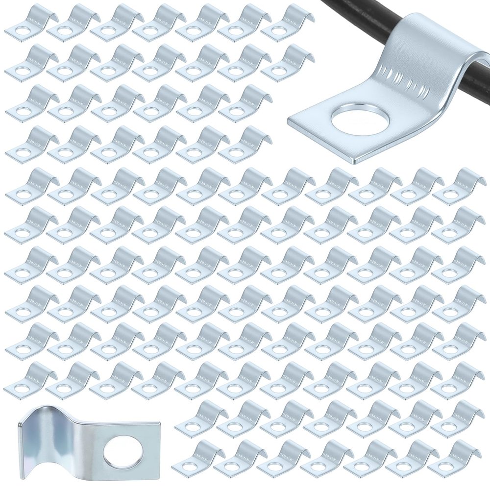 100 Pcs Outdoor Cable Clips, 1/4 Inch Cord Clips Stainless Steel Conduit Clamp Zinc Plated Wire Clamps Agricultural Fence Clamps Wall Cables Clip for Wire Installation, Tube Management, Cable Fastener