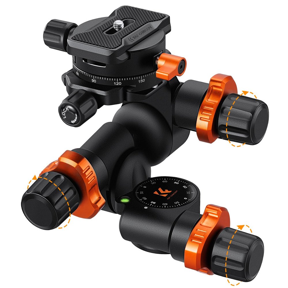 K&F CONCEPT 3-Way Geared Tripod Head, Millimeter Micro-Adjustment, Aluminum Alloy Tripod Head Maximum Load Capacity of 6kg for Star Shooting, Commercial Photography, etc.
